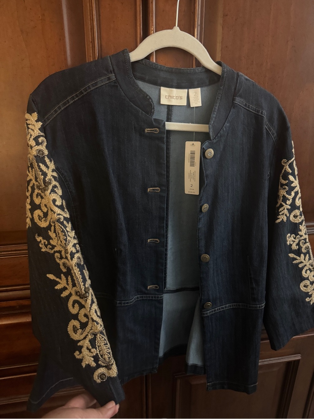 Chico's Navy Denim Jacket with Cream Embroidered Sleeves